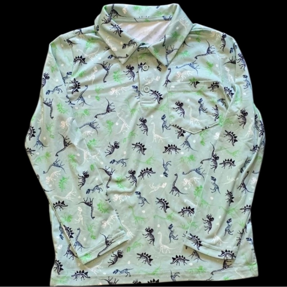 Boys Rumi + Ryder Polo Shirt Size Small Green Dinosaur Print